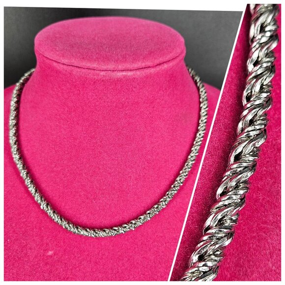 Twisted Rope Chain Necklace Silver-Tone Jewelry Sparkly Bling Magnetic Clasp 17" - Picture 1 of 9